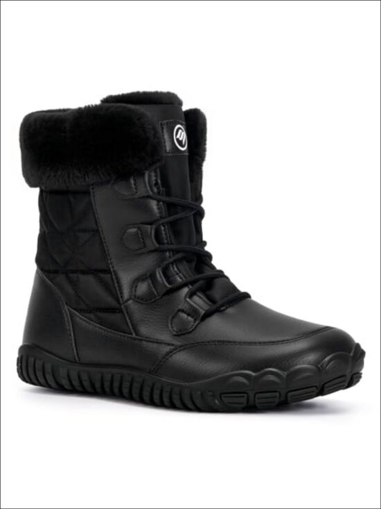 Shoes - Women's Waterproof Mid Calf Snow Boots Faux Leather Lace-Up Winter Boots